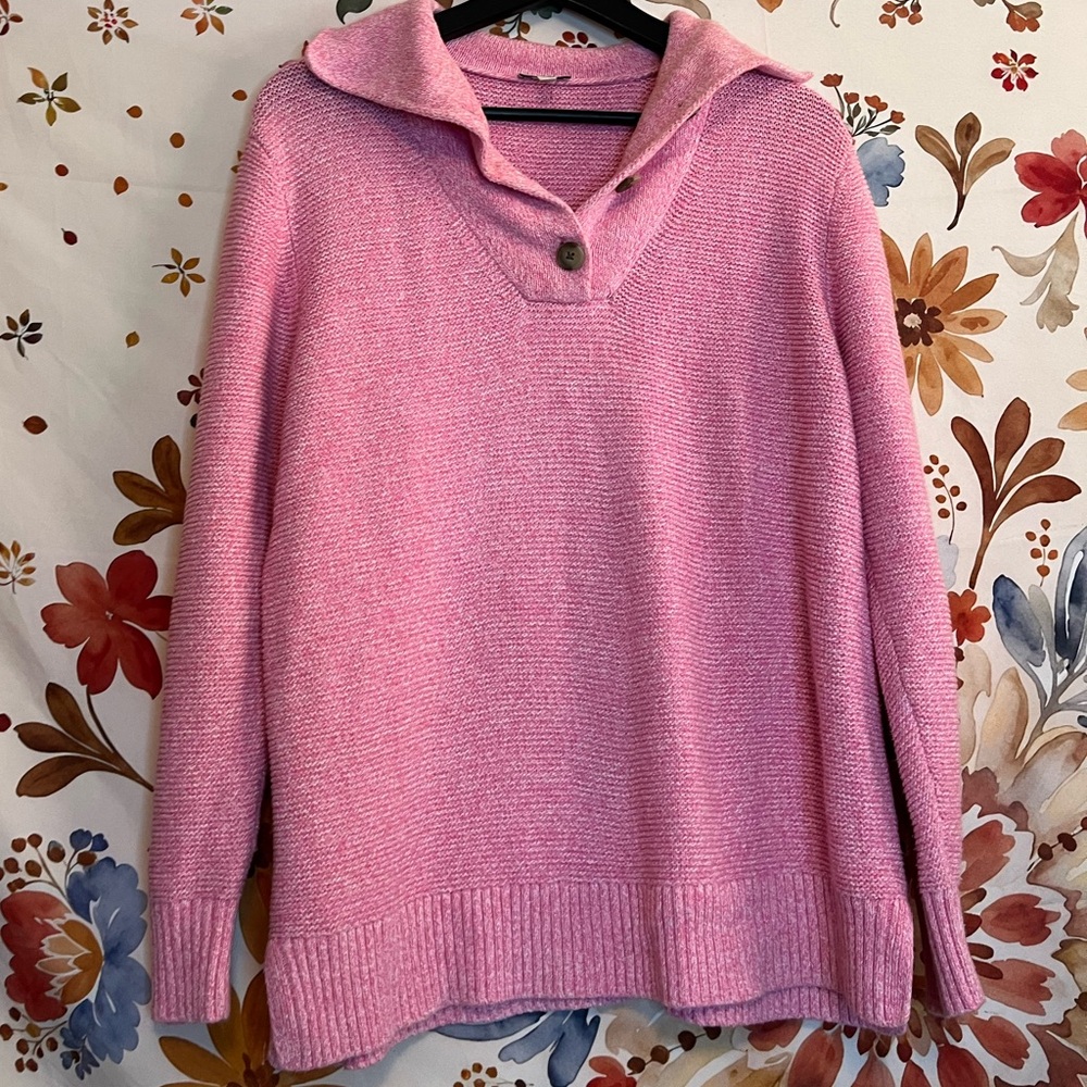 Talbots Women LP Pink White Marl Button Neck Chunky Knit Preppy Collared Sweater
